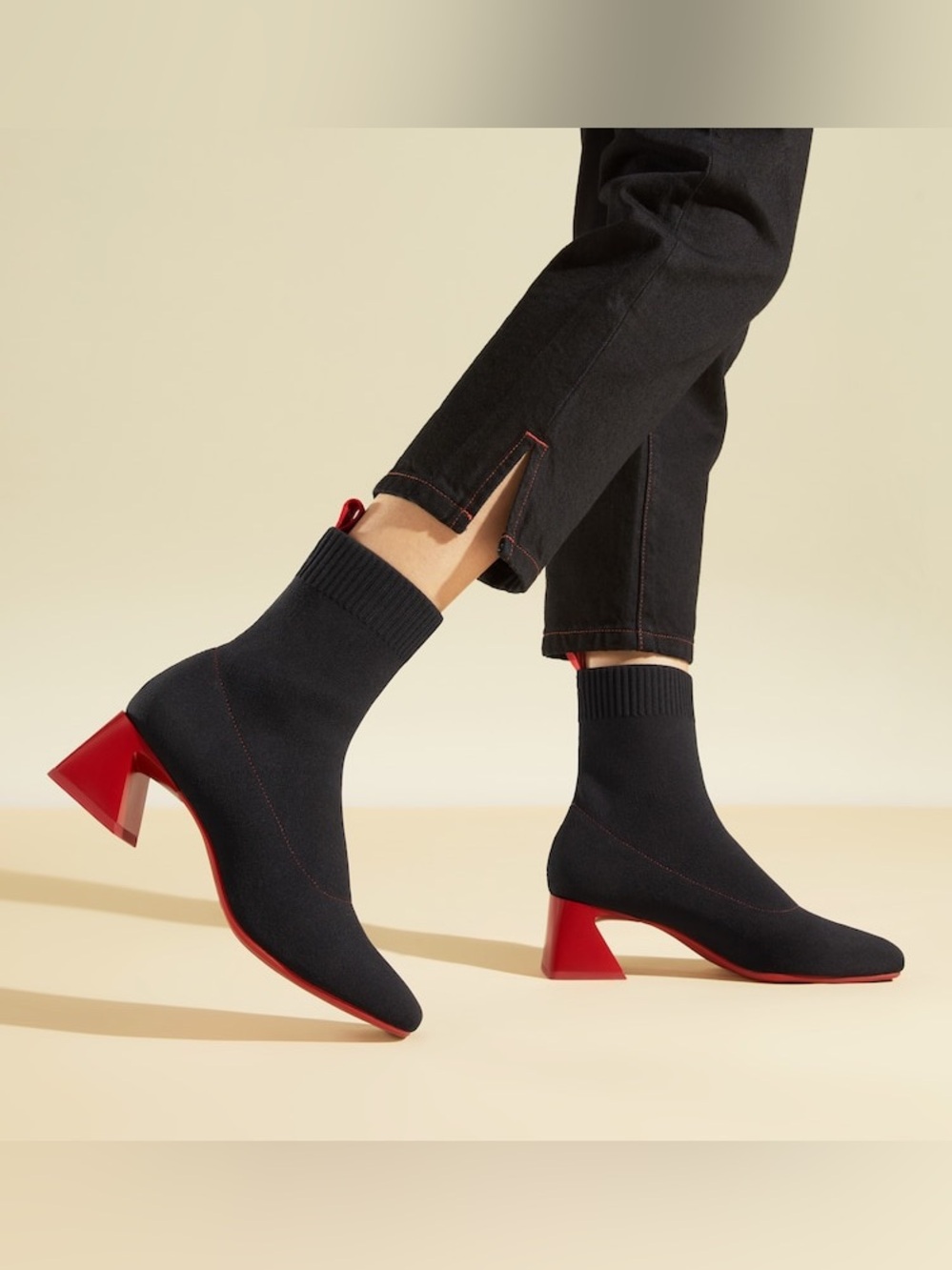 Black Knit Sock Boot with Red Block Heel